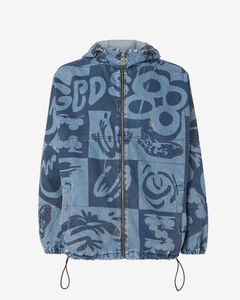 Checkboard Print Denim Windbreaker : Men Outerwear New Light Blue | GCDS Spring/Summer 2023